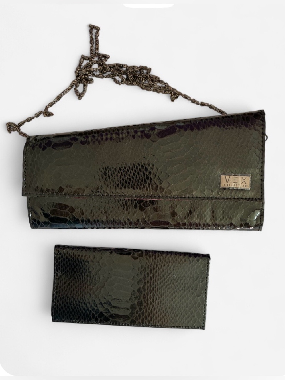VEX Collection Black Snake-Embossed Asymmetrical Clutch on Chain & Cardholder